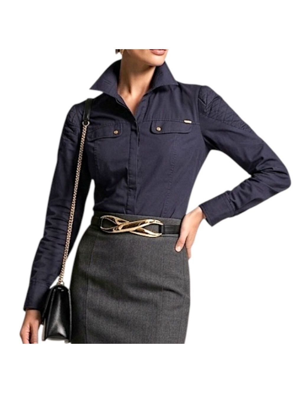 Sudore Turkiye dark blue quilted shoulder fitted old money quiet luxury blouse